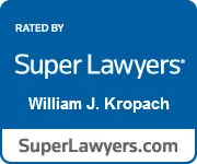 A blue square with the words " rated by super lawyers william j. Kropach superlawyers. Com ".