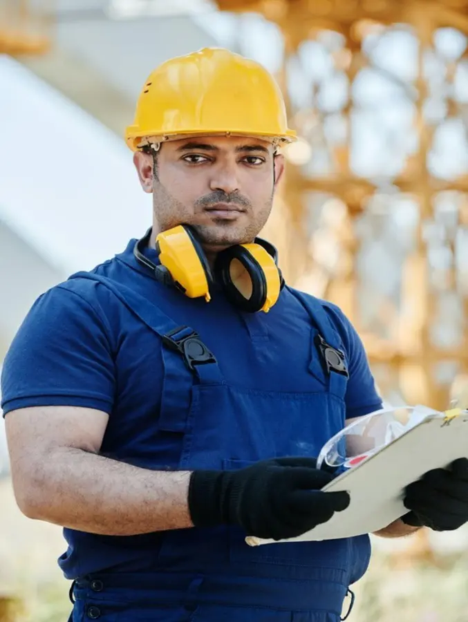 A man in construction gear holding papers and wearing ear muffs.